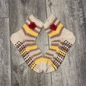 Vibrant Red and Yellow Casual Socks with Artisanal Patterns